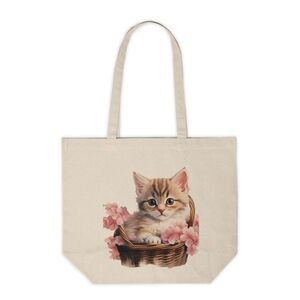 Floral Cat in a Basket Custom Canvas Tote Bag